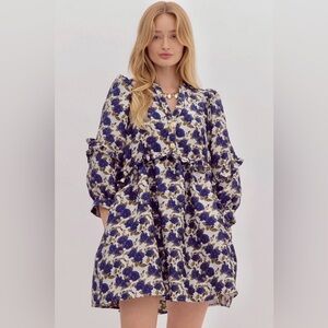Entro Blue and White Floral Long Sleeve Dress